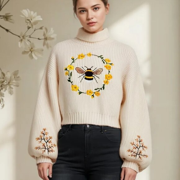 Embroidered Bee & floral design soft turtleneck cream & yellow sweater size 1XL - Picture 11 of 12